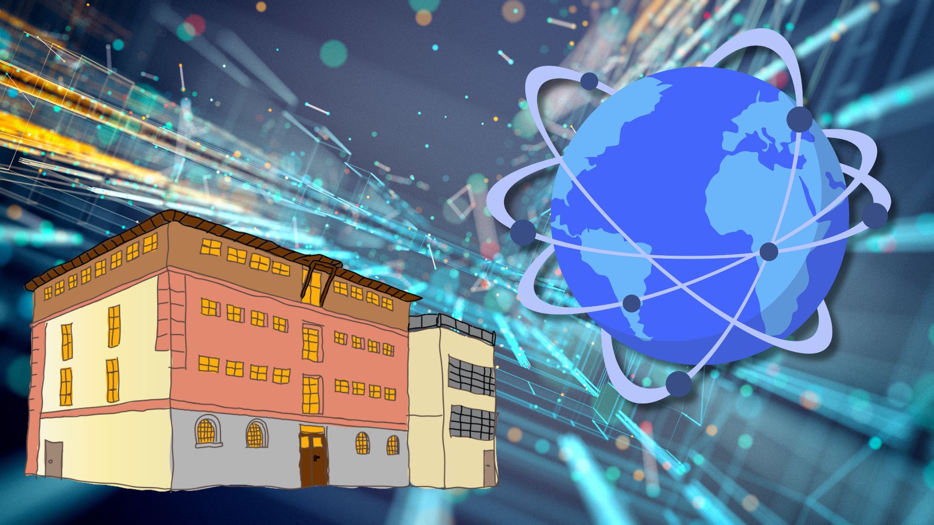 Collage mit Ökospeicher-Gebäude und Internet-Symbol vor einem Muster aus Elektronikbauteilen